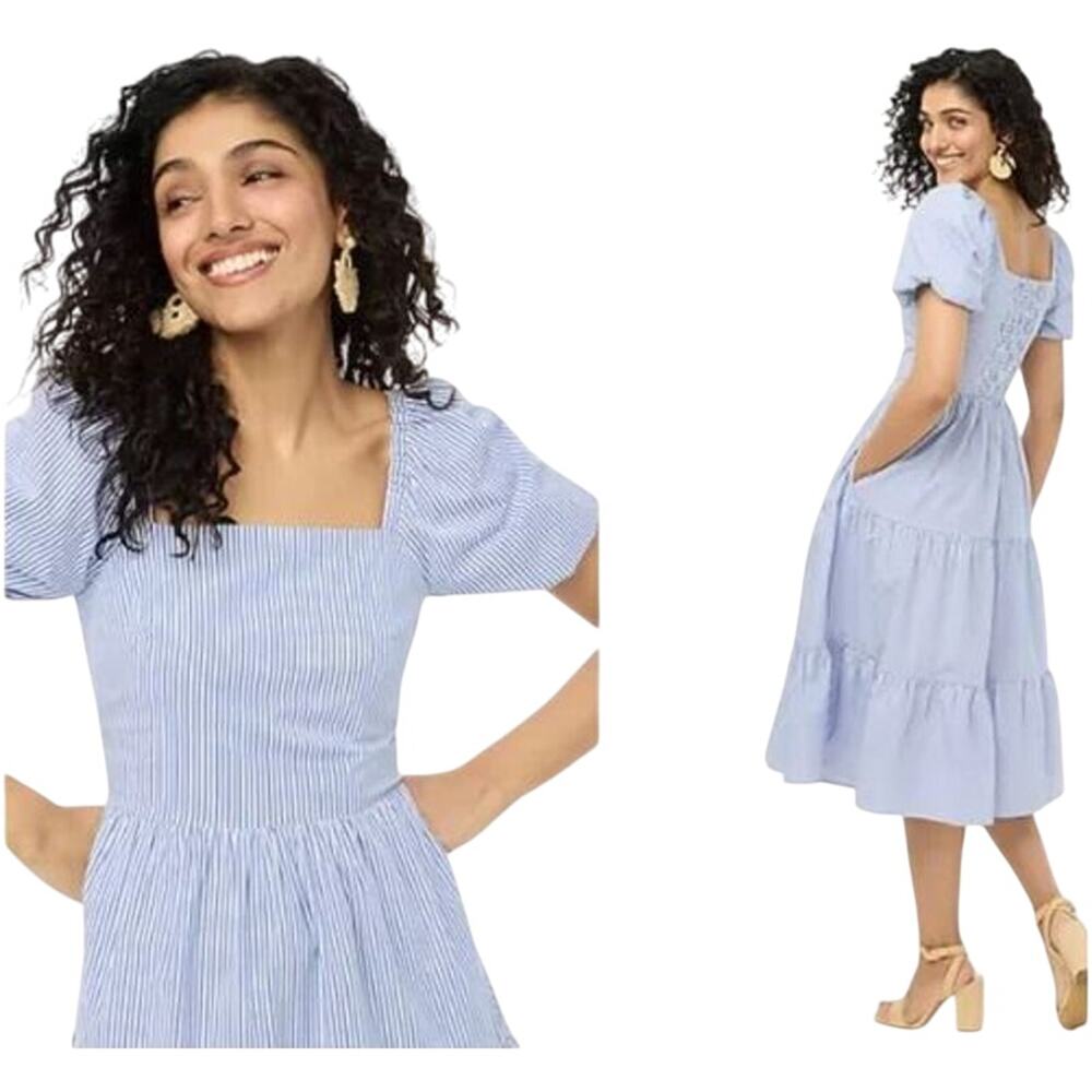 J.Crew Women’s Tiered Midi Dress, Puff Sleeves, Blue/White‎ Pinstripe, Size 18